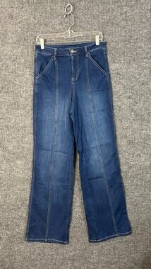 Belle Kim Gravel Jeans Women 8 Tall Blue Dark Wash Wide Leg Seamed Hi Rise Denim